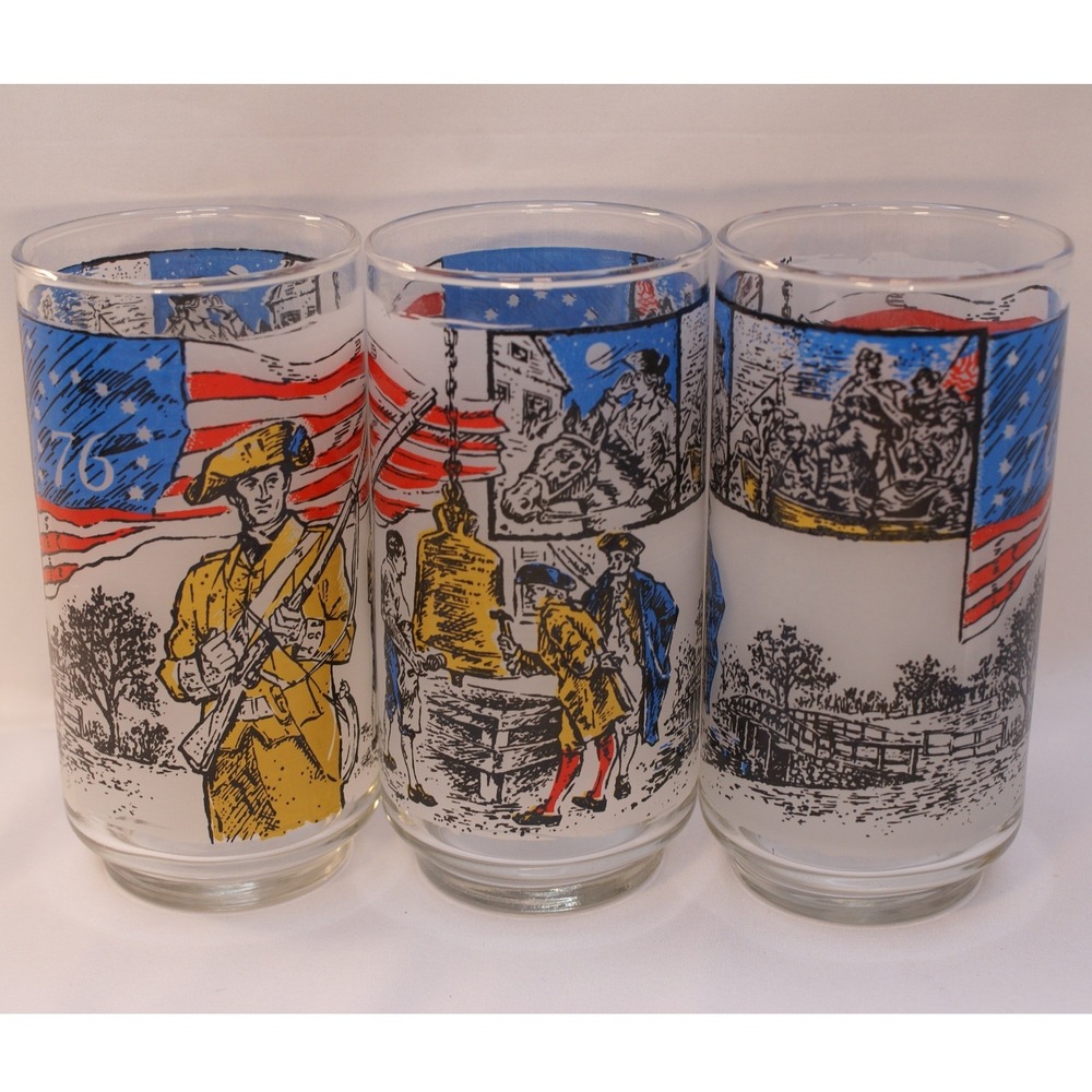 Vintage 1776 Bicentennial Drinking Glasses Set of 3 Liberty‎ Bell Soldier Flag